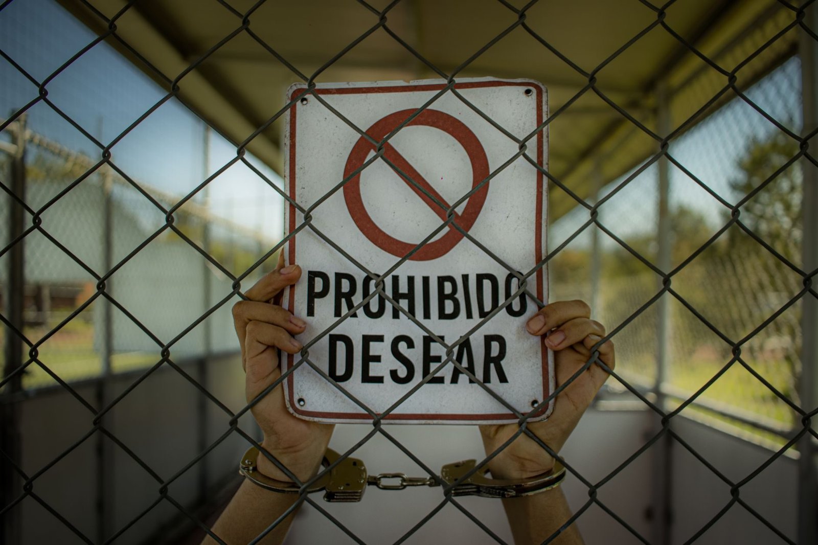 Handcuffed hands hold a Prohibido Desear sign behind a chain-link fence, empha