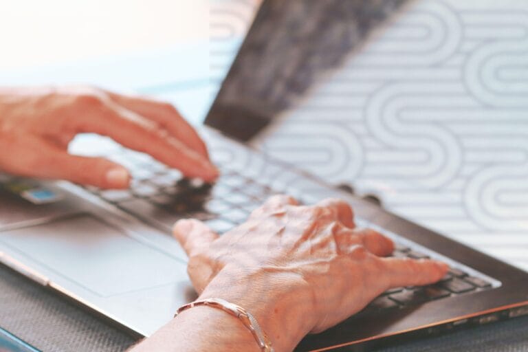 hands typing, elderly hands, typing on laptop, working on computer, female hands