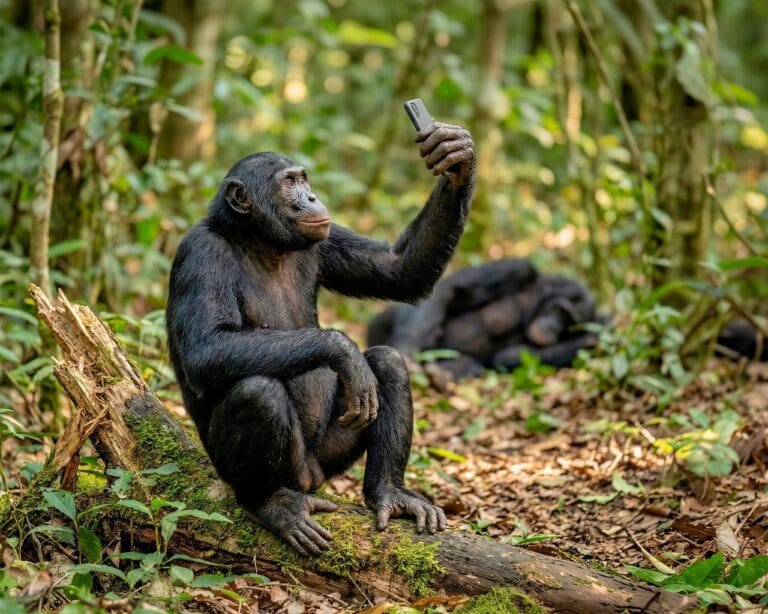 chimpanzee, monkey, primate, jungle, forest, nature, animal, wild animals, selfi