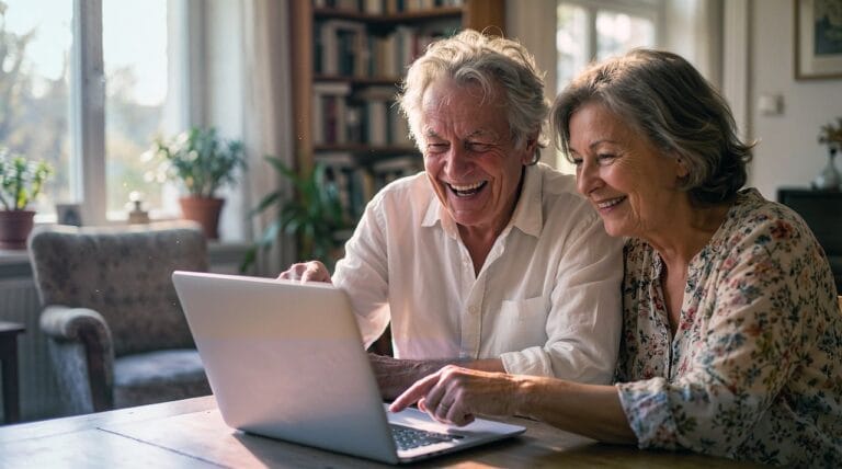 Processo Eletrônico nas Varas Previdenciárias 6 seniors, laptop, laughing, couple, home, technology, joy, connection, interior,