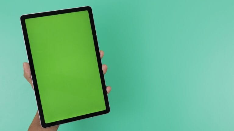 tablet, display, screen, green screen, hands, holding, green screen, green scree