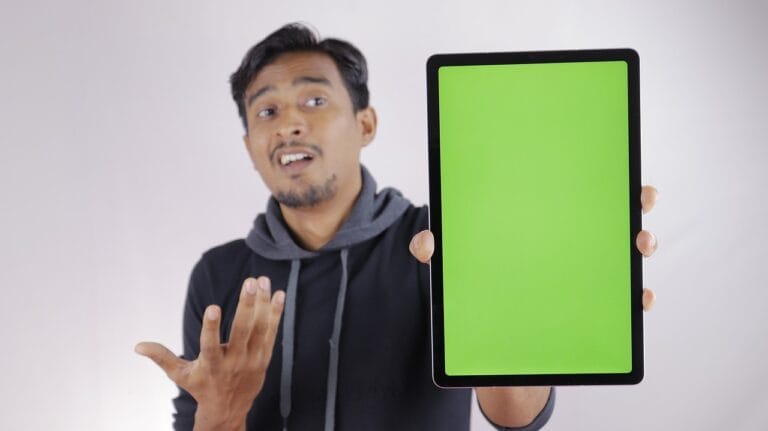 tablet, display, screen, green screen, confusion, expression, gesture, green scr