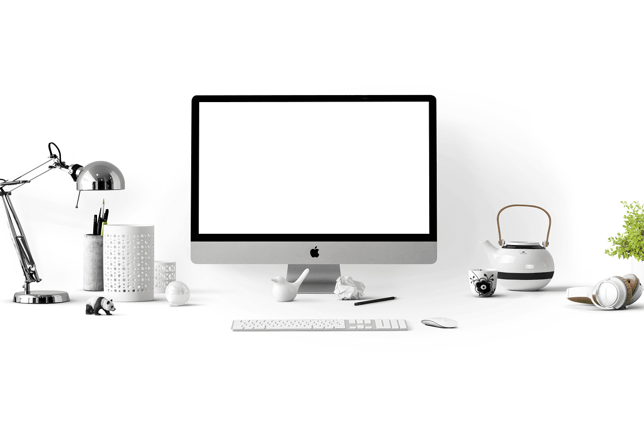 apple, computer, desk, workspace, work place, white, imac, desktop, apple device