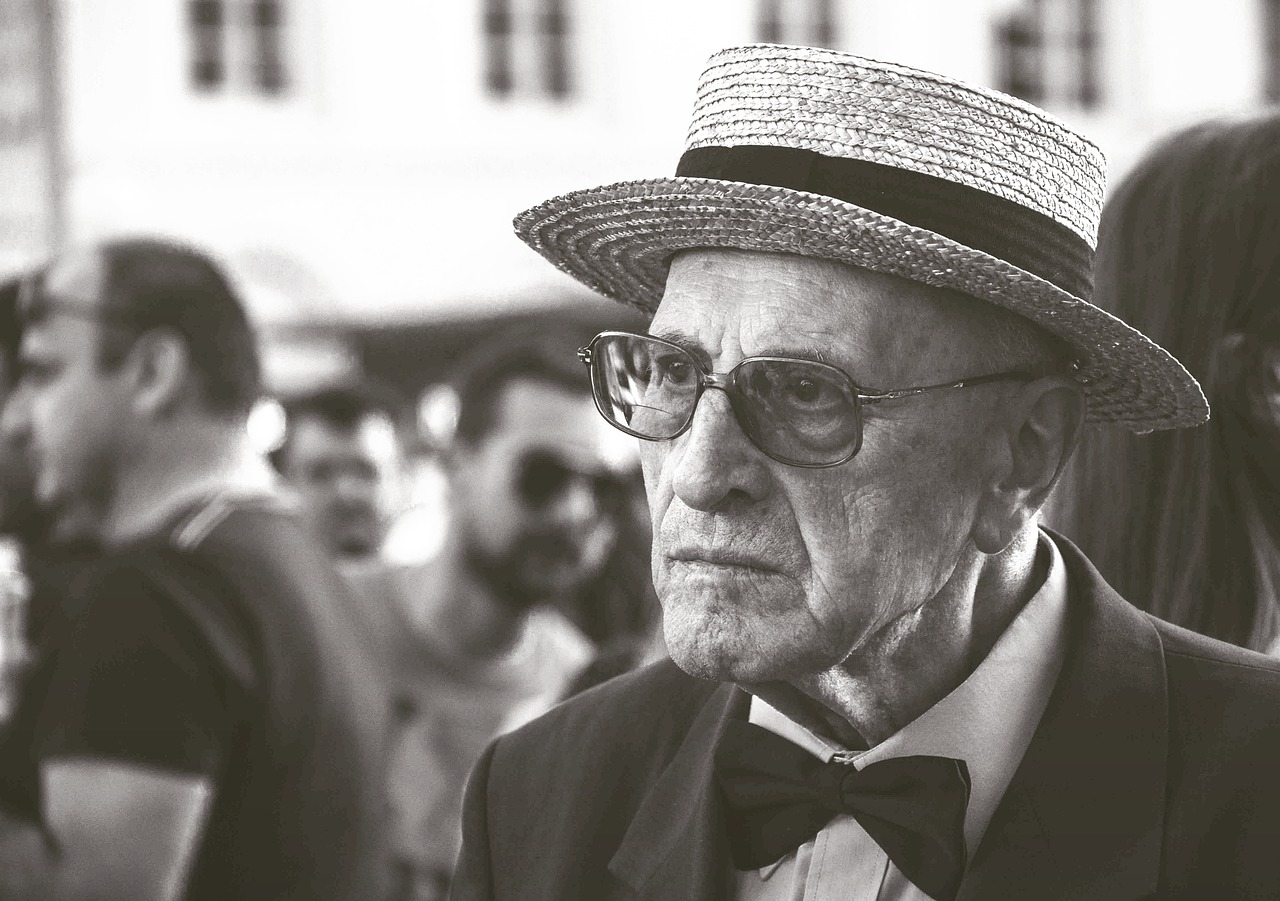 man, retro, fashion, bowtie, hat, glasses, old, old man, elderly man, grandfathe