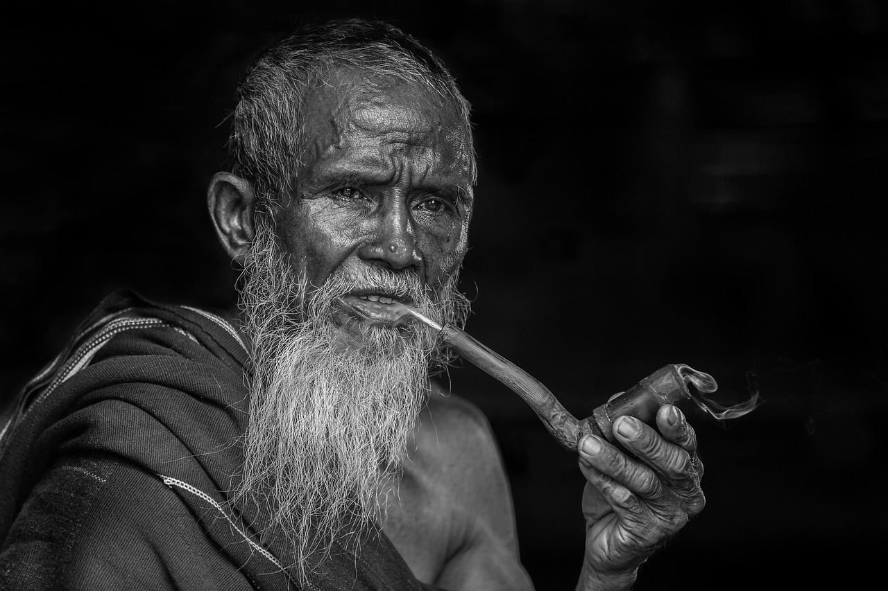 portrait, smoking, old people, man, pipe smoking, beard, elderly, smoke, black p