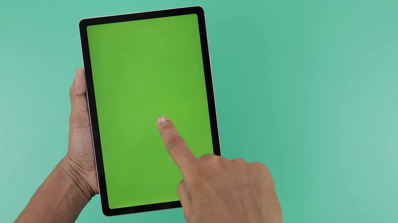 tablet, display, screen, green screen, hands, holding, finger pointing, green sc