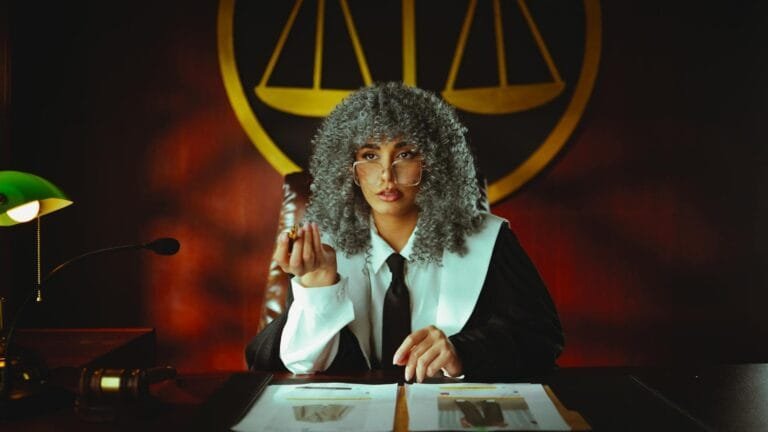 Portrait of a judge in a courtroom with the scales of justice emblem in the back