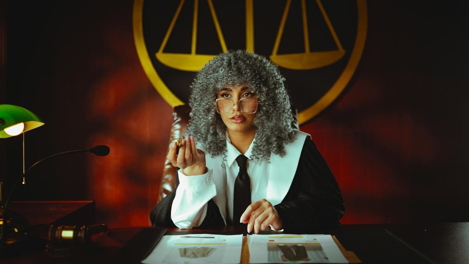 Portrait of a judge in a courtroom with the scales of justice emblem in the back