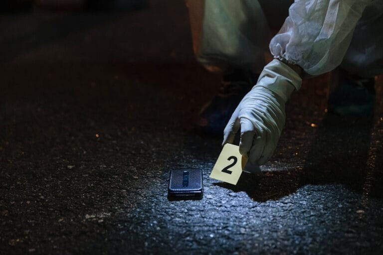 Cibercrimes no Brasil: Legislação e Penas Aplicáveis 4 Forensic investigator examining evidence in a city street at night.