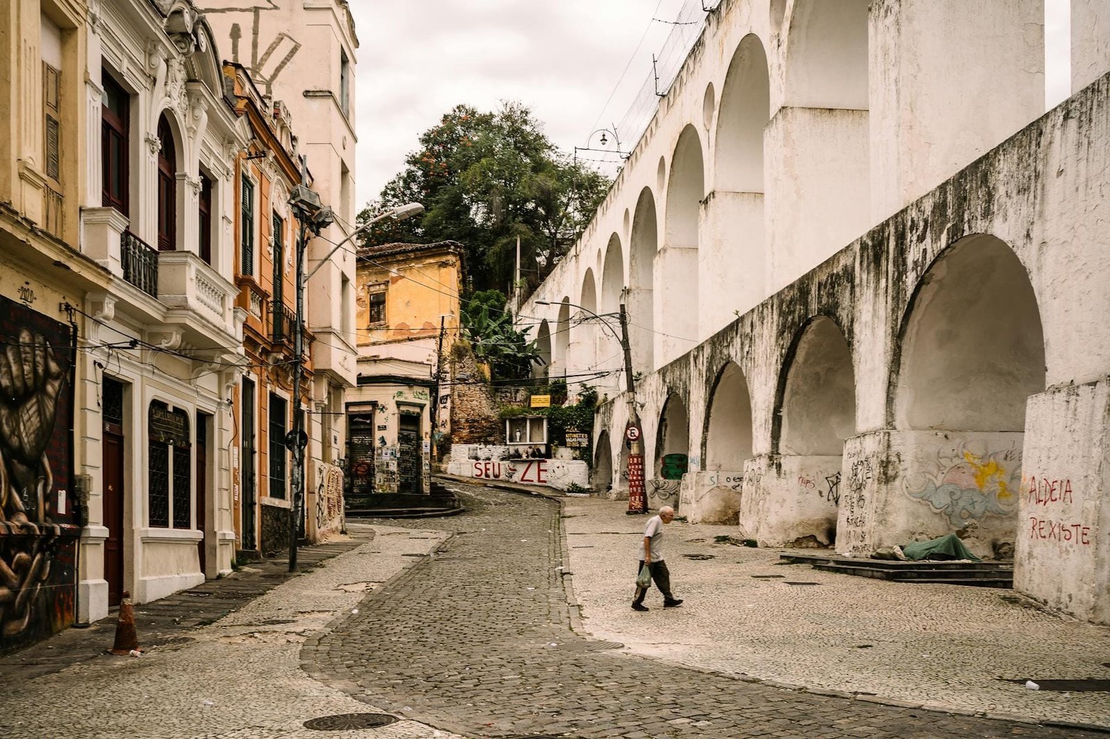 Street view of the historic Lapa Arches and colorful buildings in Rio de�J�Journ