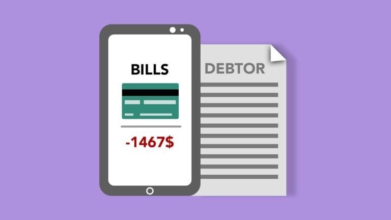 Vector illustration of smartphone with credit card picture and bills inscription