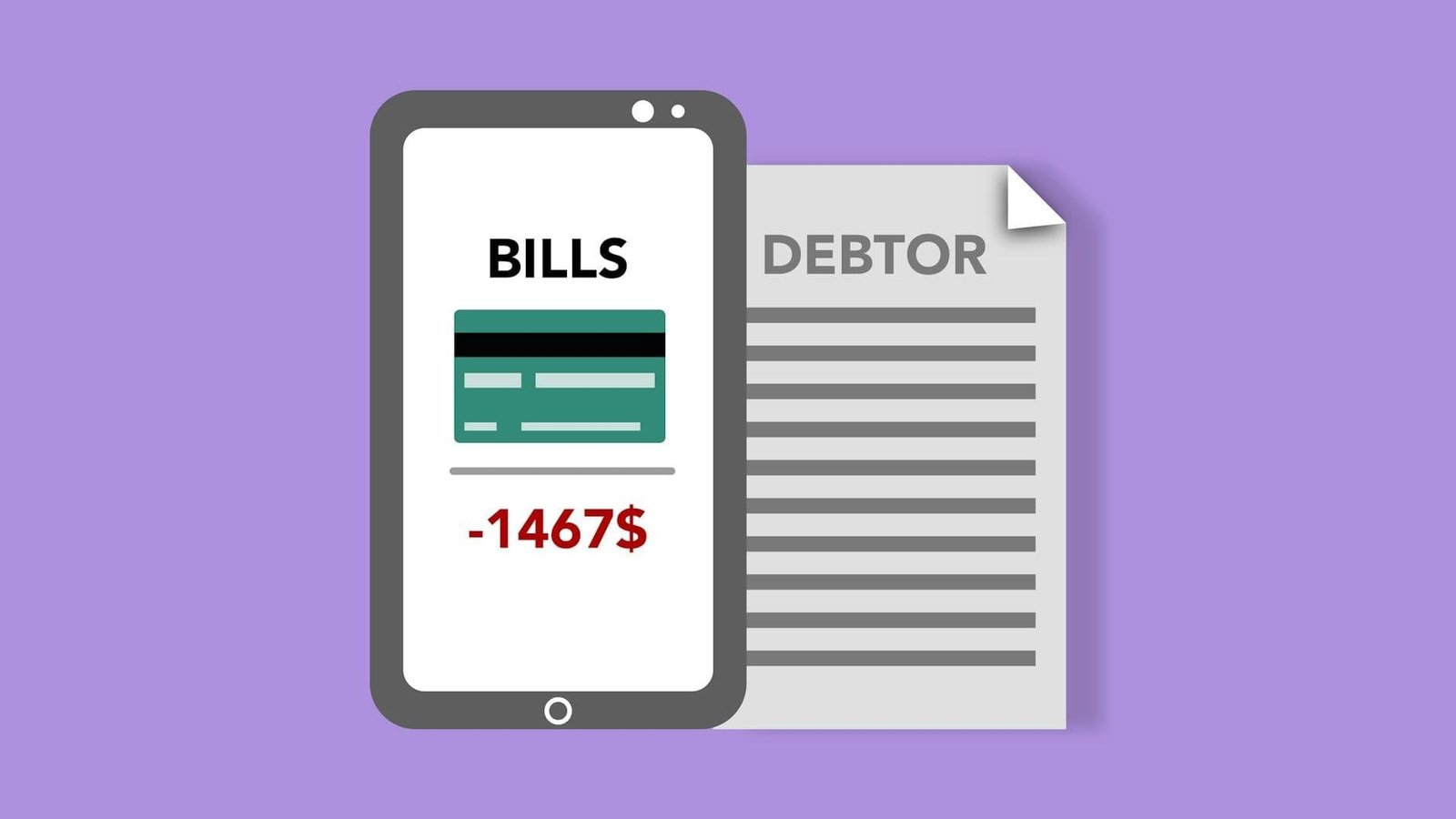 Vector illustration of smartphone with credit card picture and bills inscription