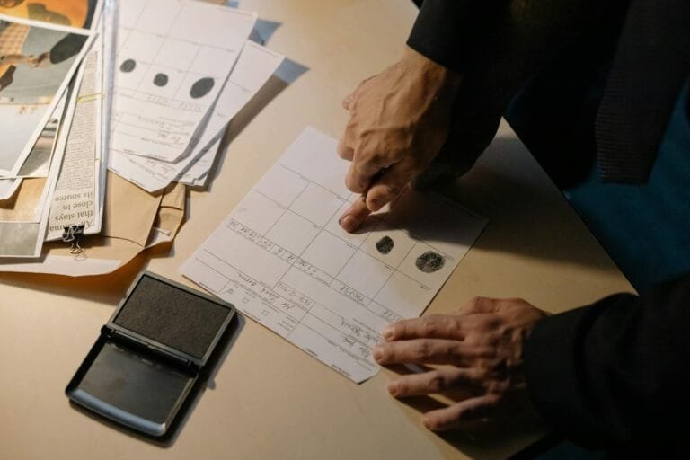 Detailed view of fingerprint analysis on a desk with ink pad and documents, idea