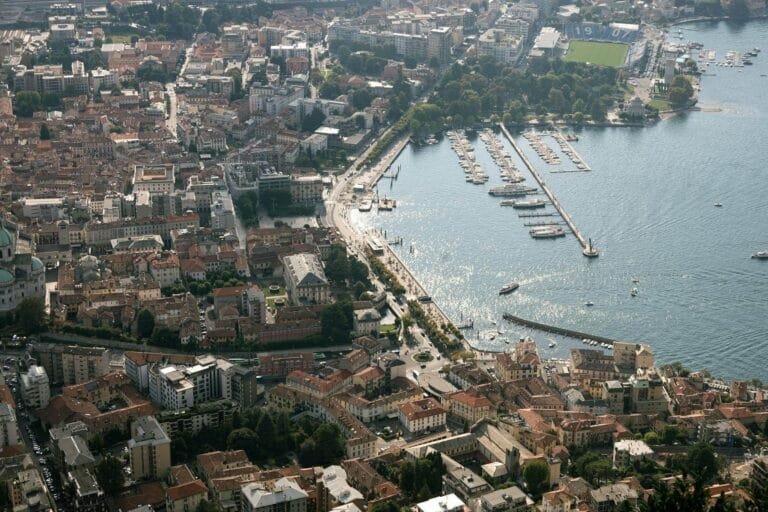 Aerial view of Lake Como in Lombardy, Italy, highlighting beautiful Italian arch