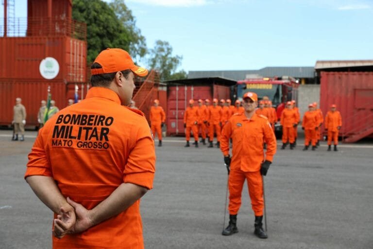 Uniformed firefighters of Mato Grosso in formation for training exercise outdoor