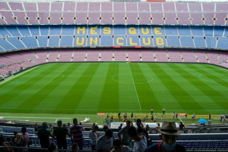 Aerial view of Camp Nou Stadium in Barcelona, showcasing the iconic Més Que Un 