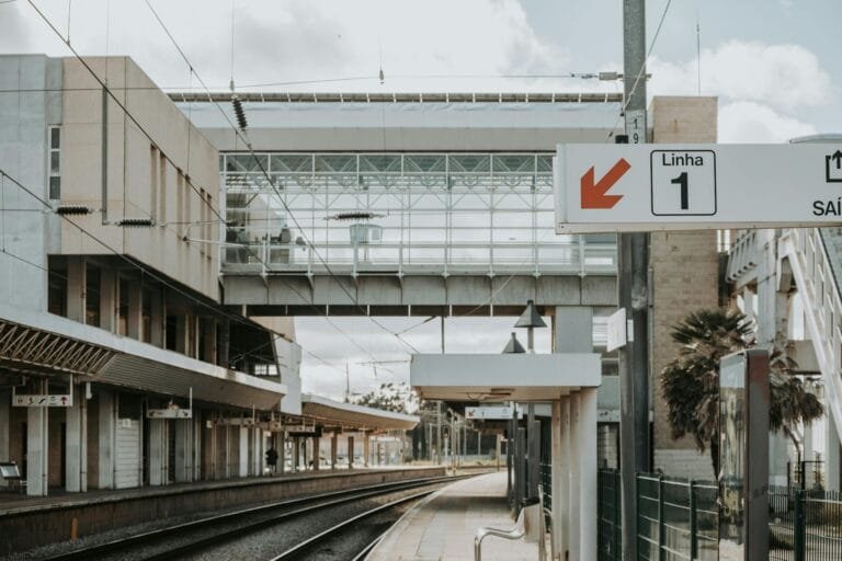 Contemporary urban railway station in Lisboa, Portugal with platform and tracks.