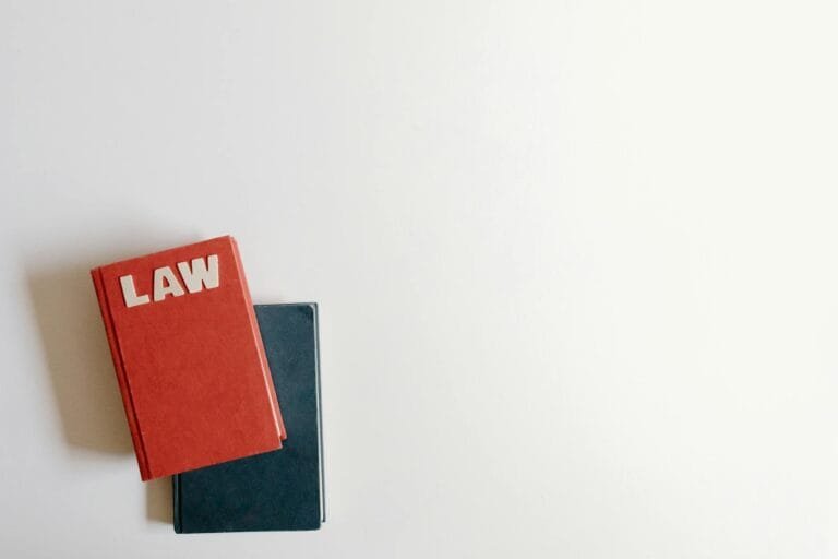 Flat lay of a red law book and a blue book on a white background, perfect for le