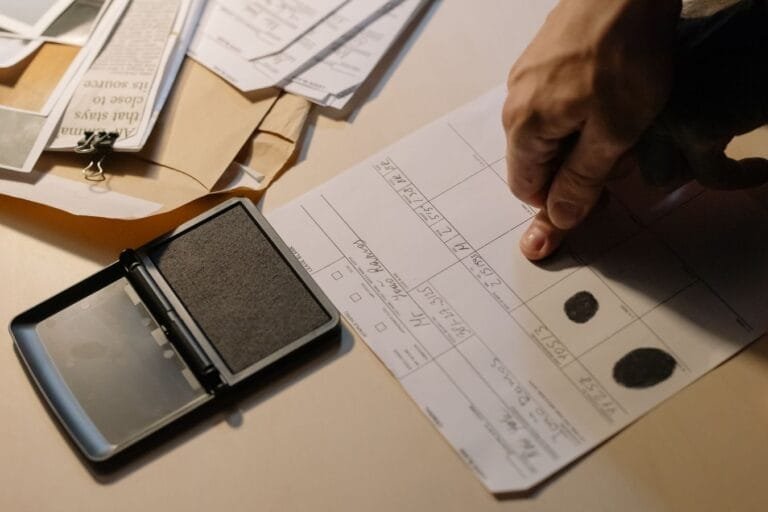Pente-fino do INSS usa cruzamento de dados e inteligência artificial 3 Detailed view of a hand taking fingerprints on a document with ink pad on desk.