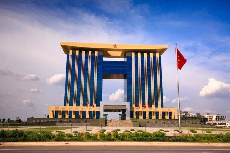 A striking modern architectural facade of a government building in Binh Duong, Vietnam.