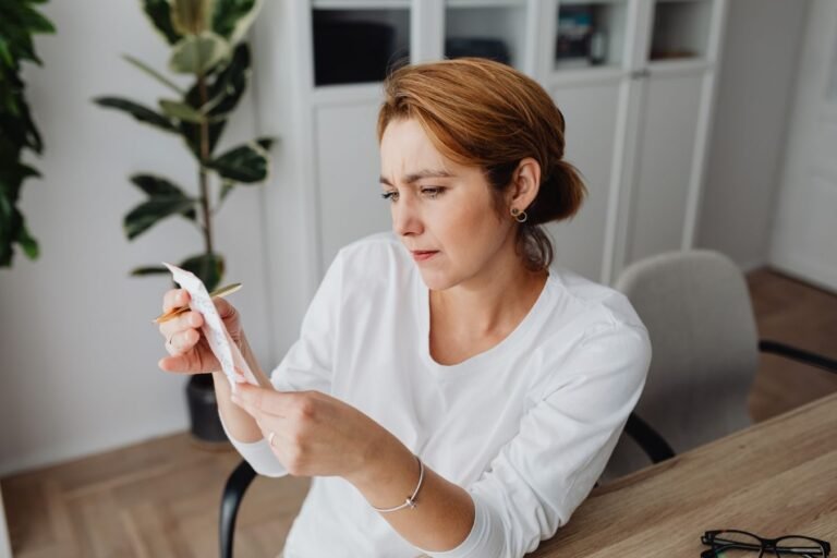 A concerned adult woman examines a receipt while sitting at her office desk, indicating financial scrutiny.