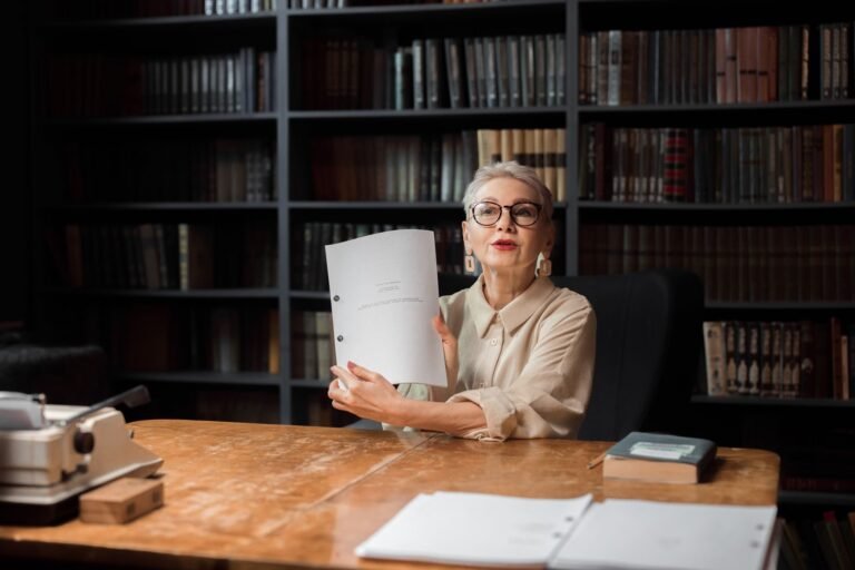 Senior woman with manuscript at a wooden desk in a library, showcasing documents.