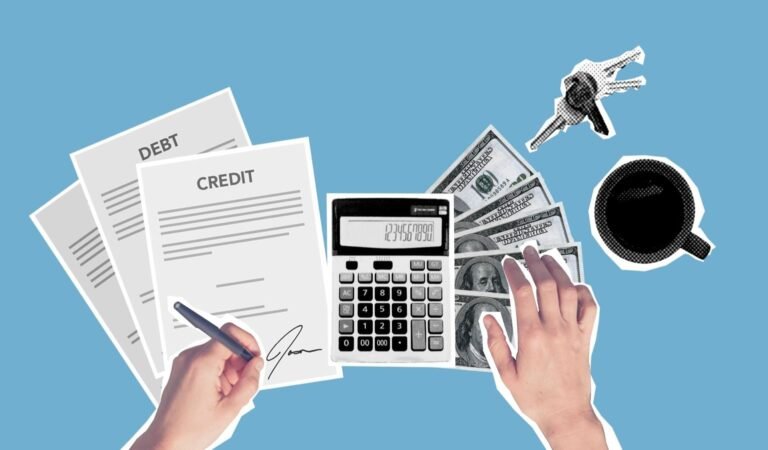 Top view of cutout paper composition of male signing credit paper while counting cash and apartment cost against blue ba