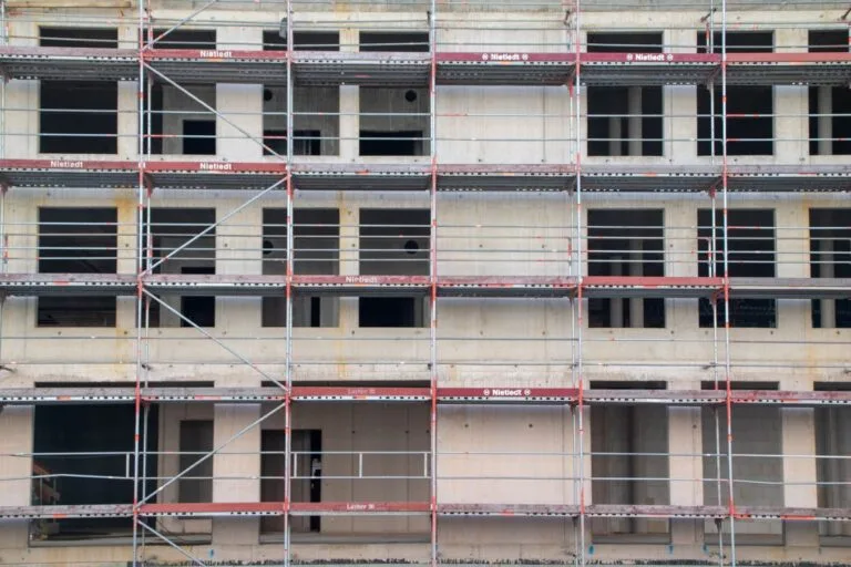 Scaffolding structure on a building construction site in Hamburg, Germany.