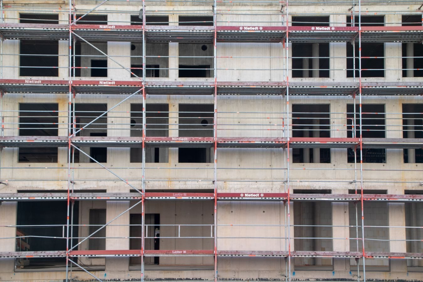 Scaffolding structure on a building construction site in Hamburg, Germany.