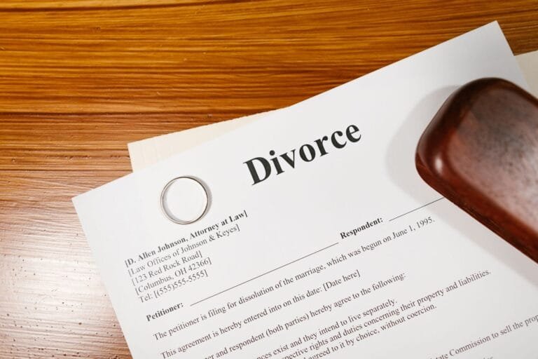 Documento de divórcio e aliança de casamento sobre a mesa simbolizando o fim do casamento