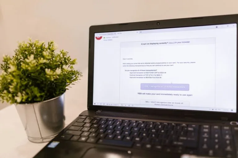 Domicílio tributário e notificações eletrônicas: cuidados para não perder prazos 3 Laptop showing email next to green plant, ideal for tech and productivity concepts.