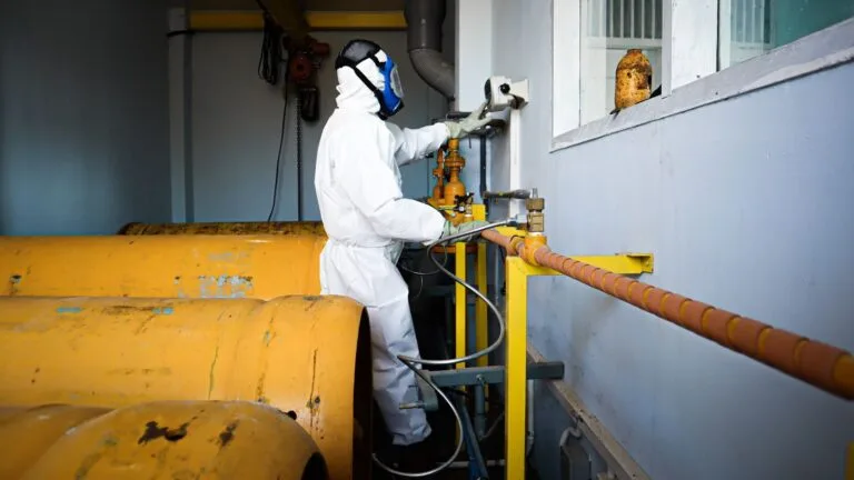 Empresa e prova do tempo especial: obrigações de quem expõe a agentes nocivos 6 Worker in full protective suit and gas mask handles industrial pipes indoors in Indonesia.