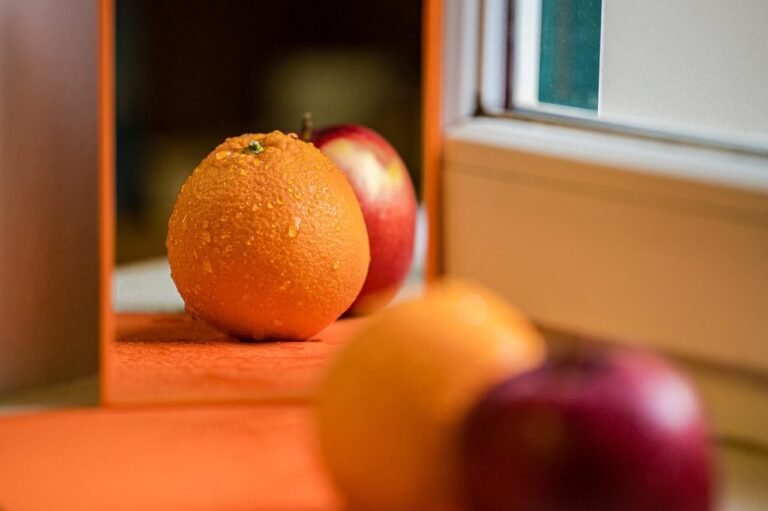 mirrors, orange, reflection, apple, still life, installation, fruit, still life, still lif