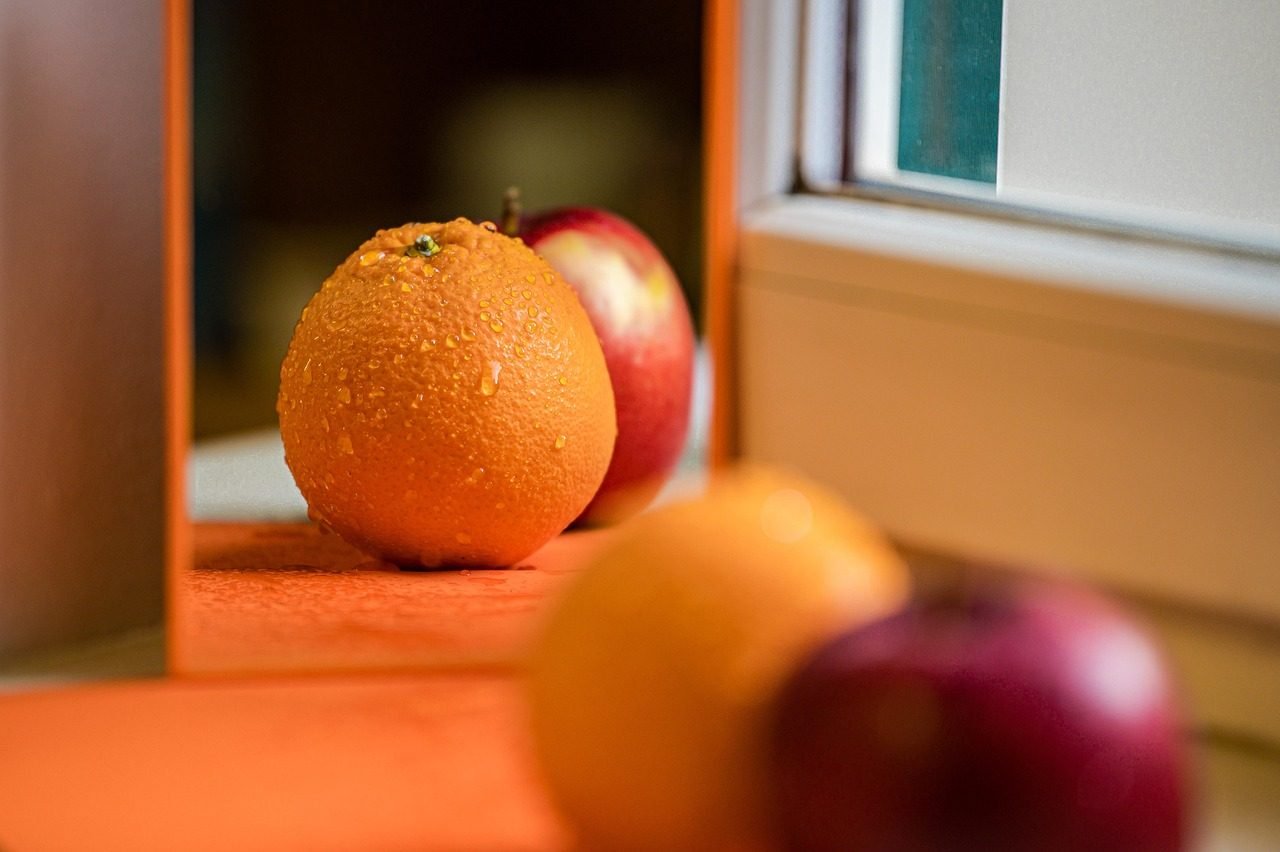 mirrors, orange, reflection, apple, still life, installation, fruit, still life, still lif