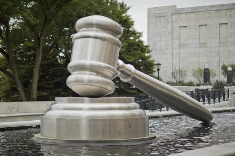 gavel statue, pool, at, courthouse building, military street art, ohio, columbus, downtown
