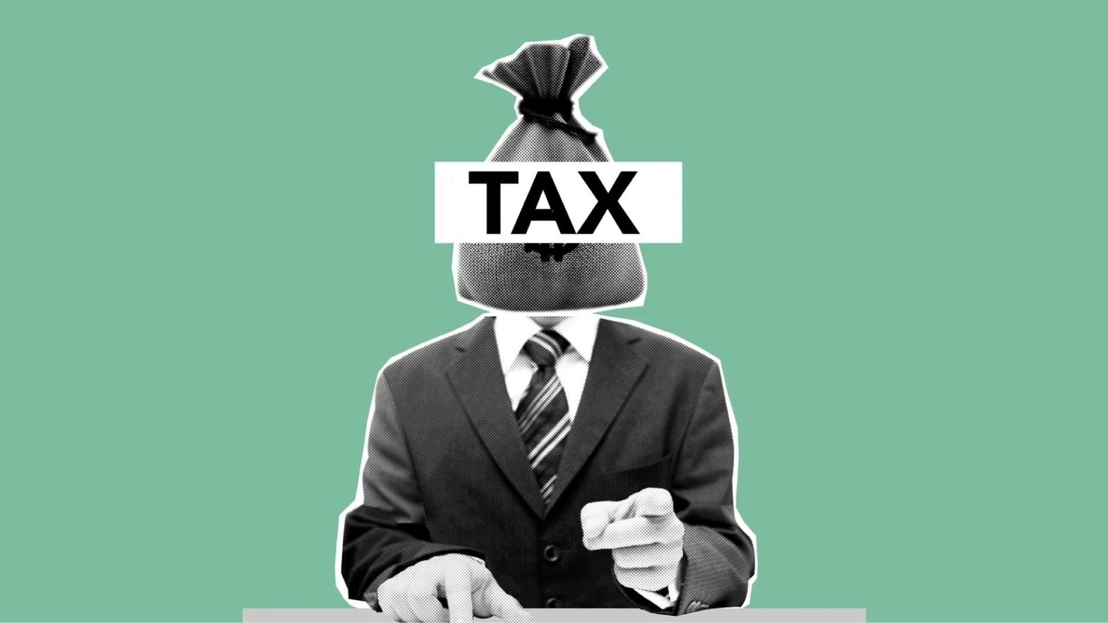 Concept illustration of man with money bag instead of head in suit representing financial