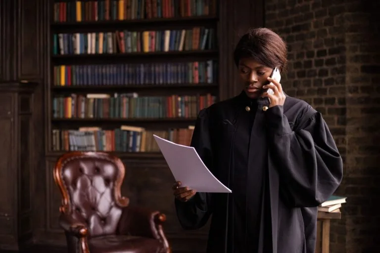 Indenização por Erro Judiciário: Direitos e Procedimentos 4 African American judge in traditional robes holds a document and talks on the phone in a law library.