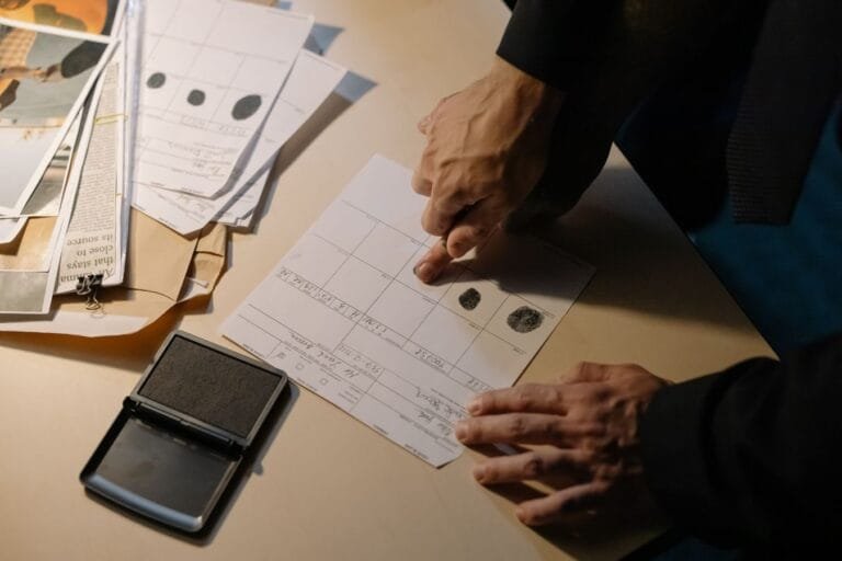 Detailed view of fingerprint analysis on a desk with ink pad and documents, ideal for forensic themes.