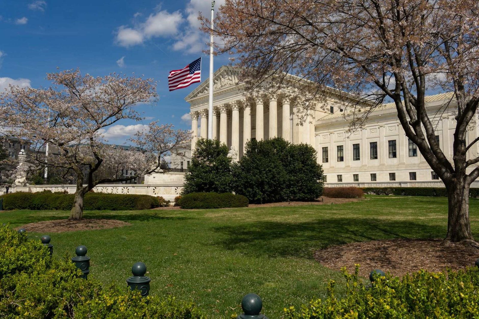 A view of a neoclassical government building with an American flag and cherry blossoms in