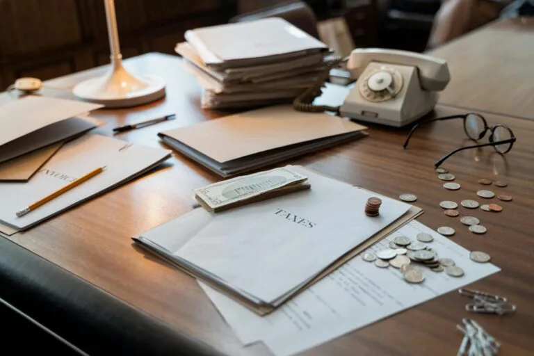 Close-up of an office desk with tax documents, coins, glasses, and an old phone, symbolizing finance and organization.