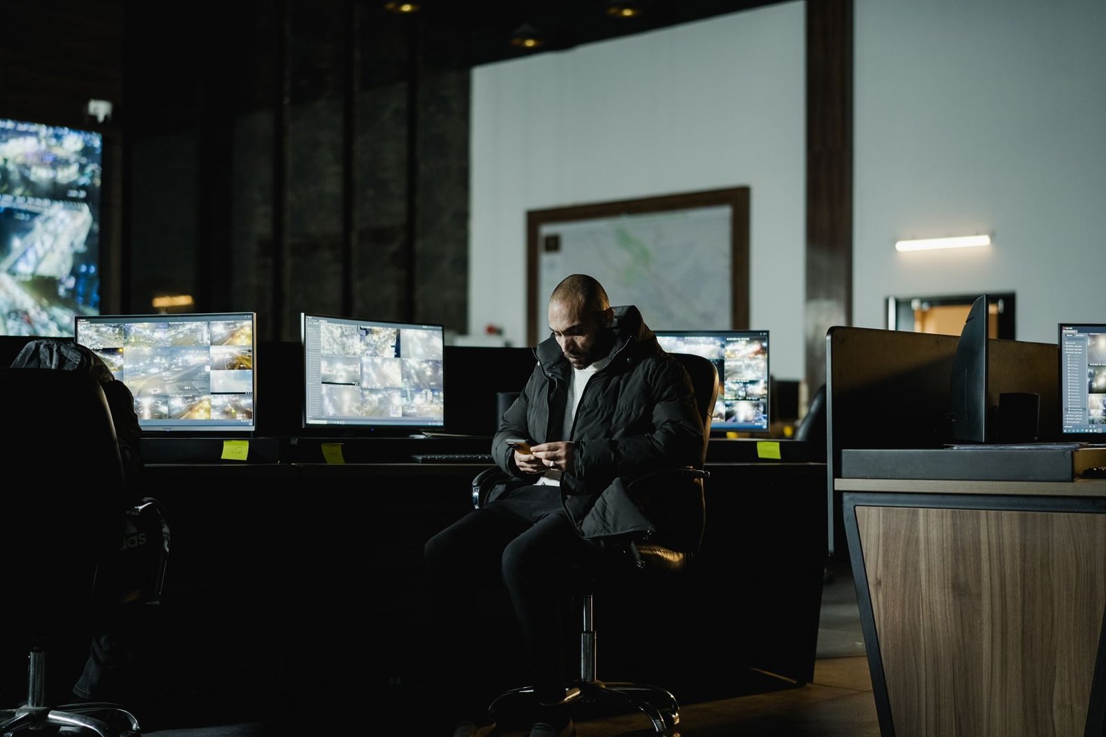 Security officer seated in a dimly lit control room, analyzing multiple surveillance scree