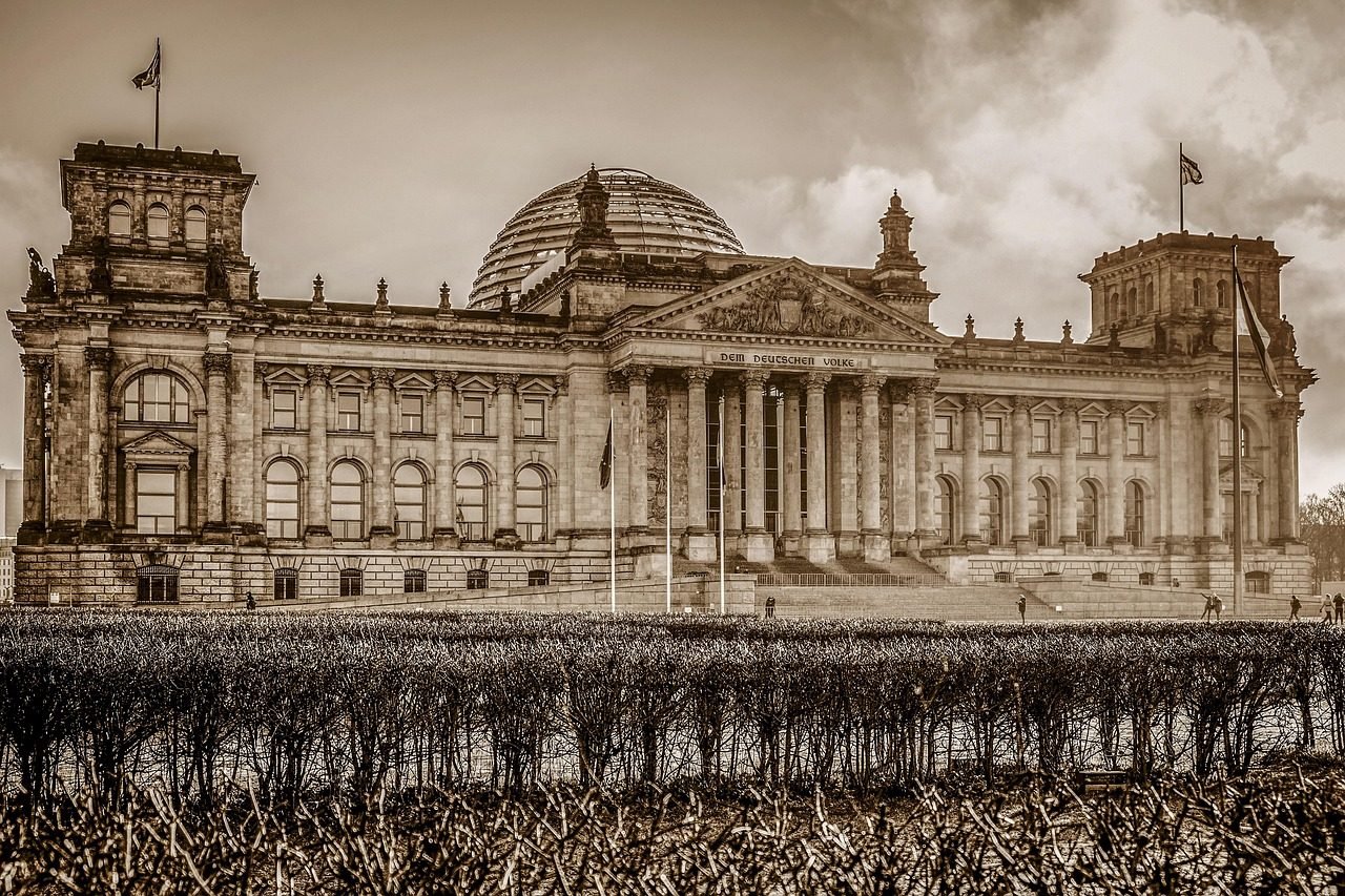 berlin, parliament, government building, glass dome, architecture, house facade, flag, gov