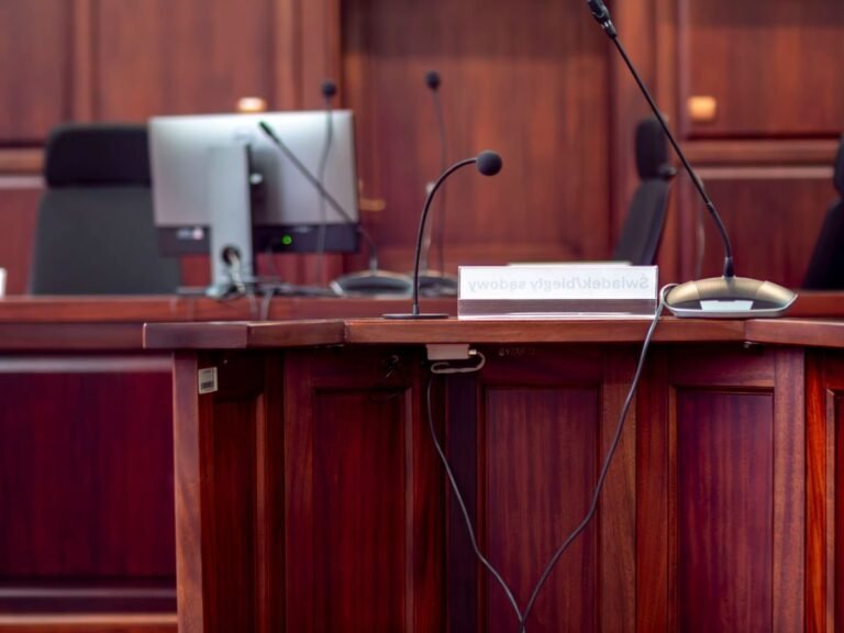 Close-up of a wooden podium with microphones in a Polish courtroom setting.