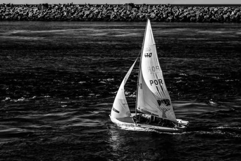 A striking black and white image of a sailboat navigating the ocean, featuring strong cont