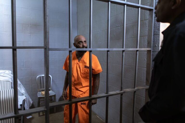 An inmate in an orange jumpsuit stands behind bars with a guard outside the cell.