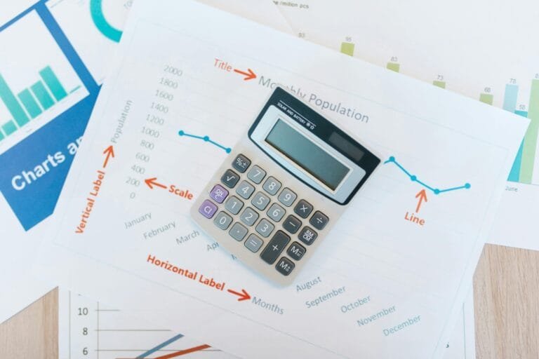 Tempo de Contribuição ao INSS: Como Contar e Somar 6 Calculator placed on financial graphs and reports showcasing data analysis and business documentation.