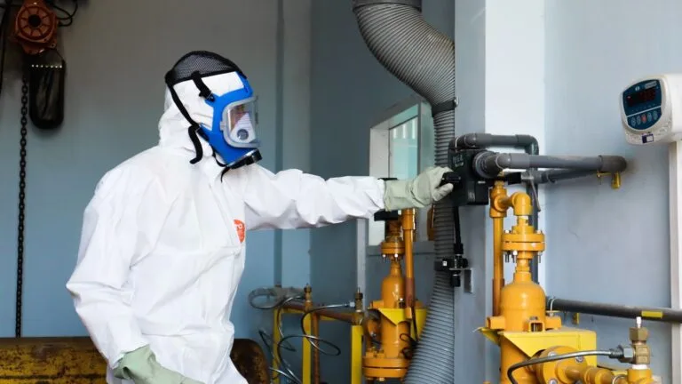 Tempo especial: como comprovar atividade insalubre ou perigosa 7 Industrial worker in protective gear inspecting machinery for safety compliance in Indonesia.