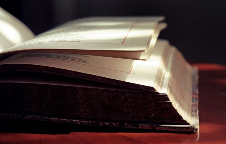 Artistic close-up of an open hardcover book in soft lighting, highlighting the texture of the pages.