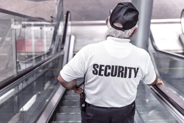 security, man, escalator, police, guard, officer, surveillance, control, monitoring, safety, uniform, back view, securit