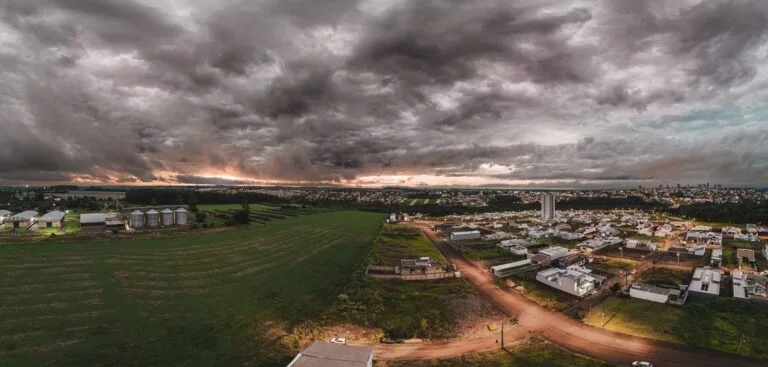 Panoramic aerial view of Campo Mourão, Brazil with dramatic skies and rural landscapes at 